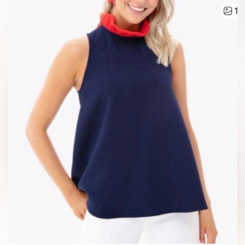 Tuckernuck Pomander Place Mason Ruffle Bow Tie Blouse Navy and Red Size XS